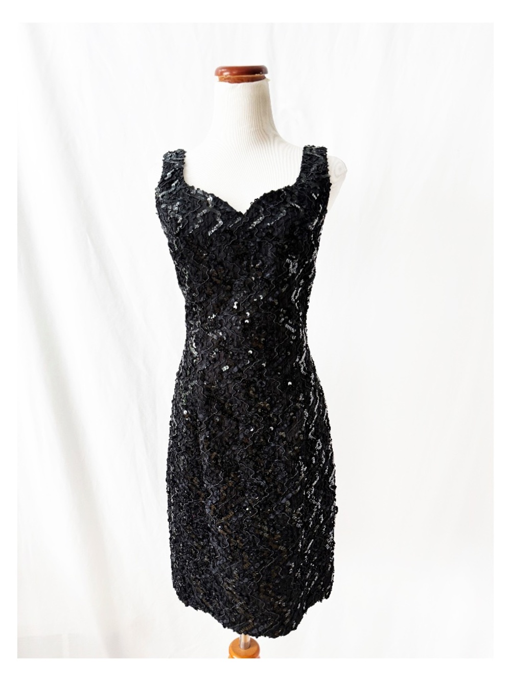 80s Vintage Sequin Cocktail Dress: Black Lace Sweetheart Goth Dress, Sz 8